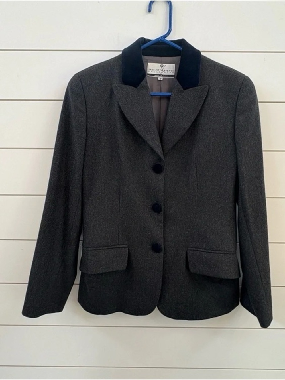 Saks Fifth Avenue Charcoal Gray Wool-Blend Blazer with Black Velvet Collar